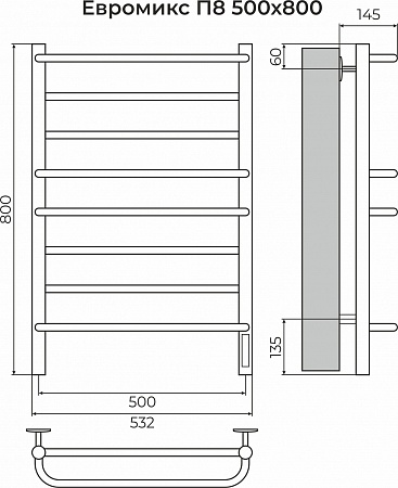 Евромикс П8 500х800 электро КС 9005 матовый ( new встроен диммер) Полотенцесушитель TERMINUS Бийск - фото 3
